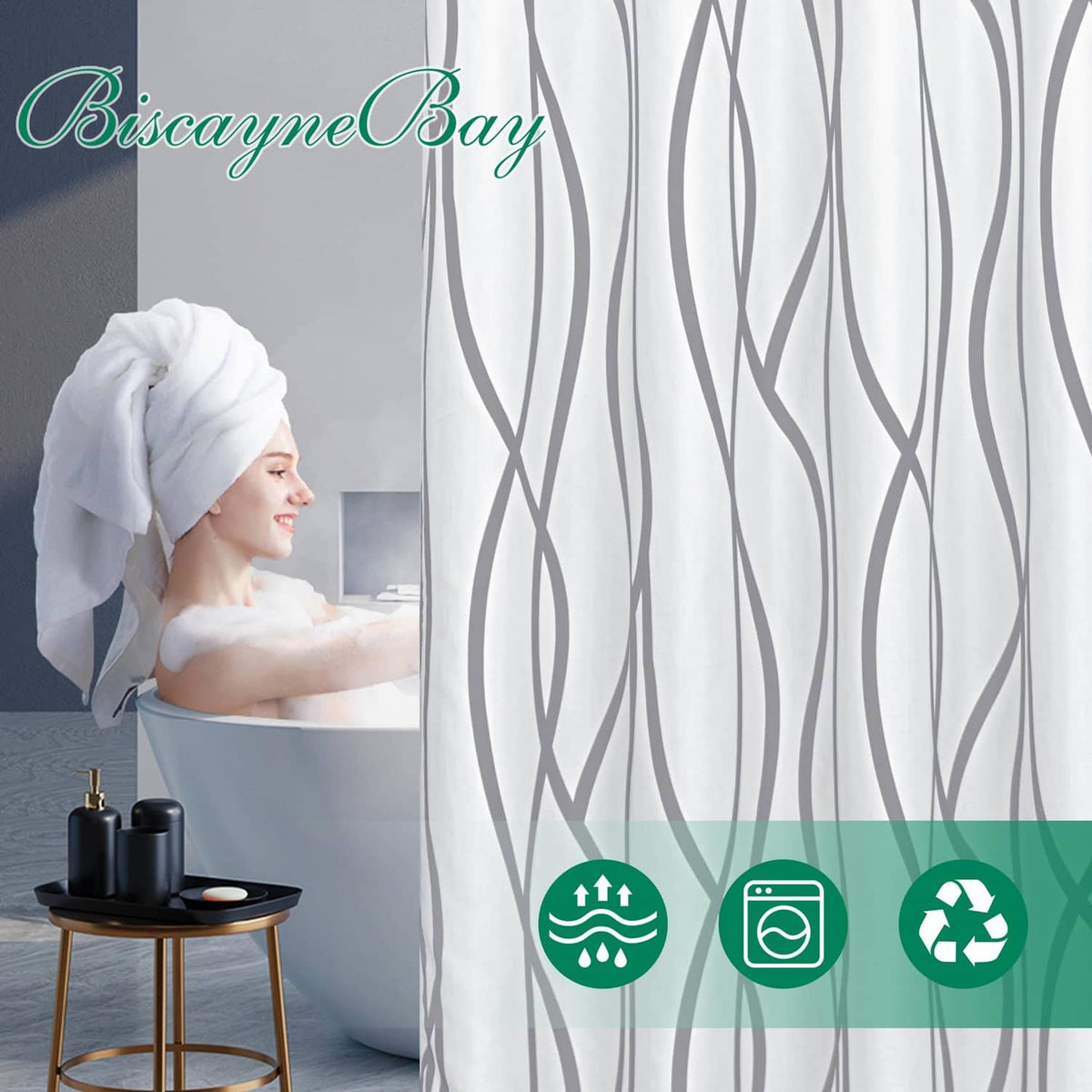Silver gray shower curtain fabric with vertical wavy stripe pattern, close-up