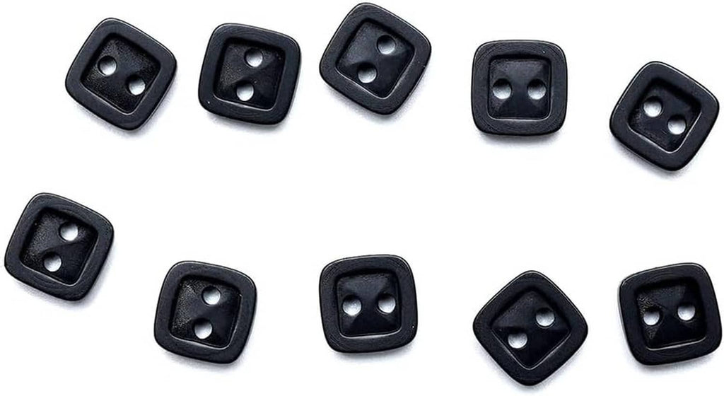 Set of black square 2-hole resin buttons on white background, front side view