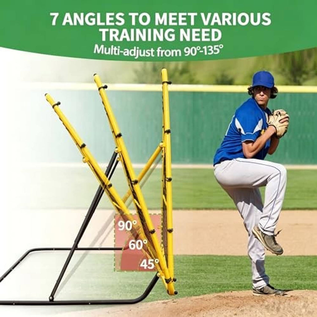 Adjustable-angle baseball rebounder net with yellow frame, white mesh, black stand legs