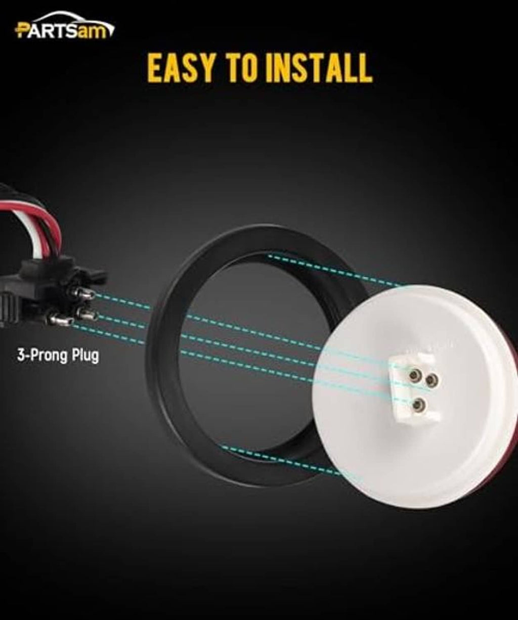 Round red LED trailer light with wiring and 3-prong plug for installation