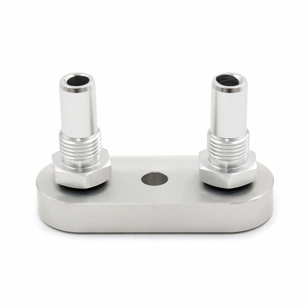 Transmission cooler line adapter plate with two 6AN threaded fittings, side view
