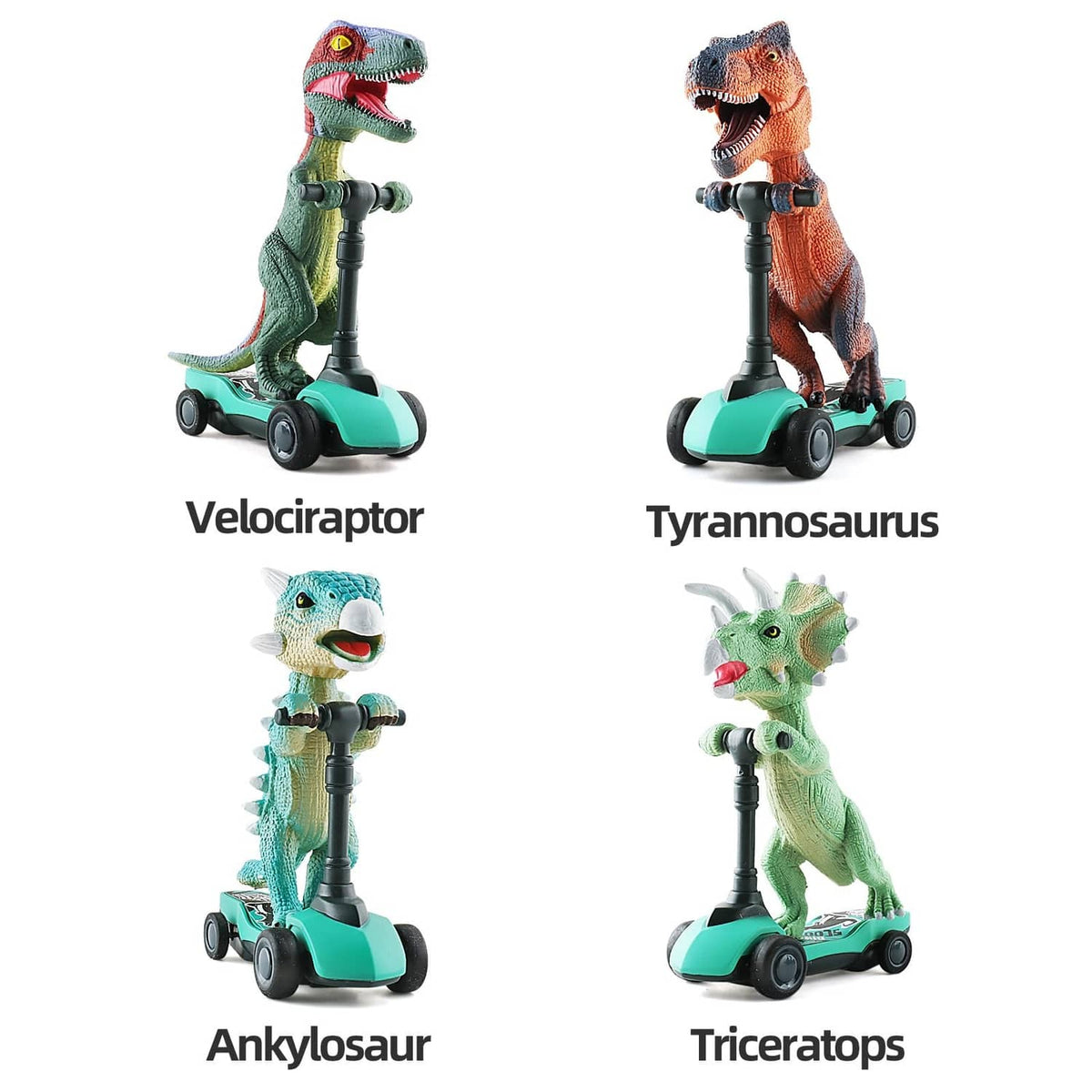 Assorted dinosaur finger scooters with teal pull-back bases and bobbling heads