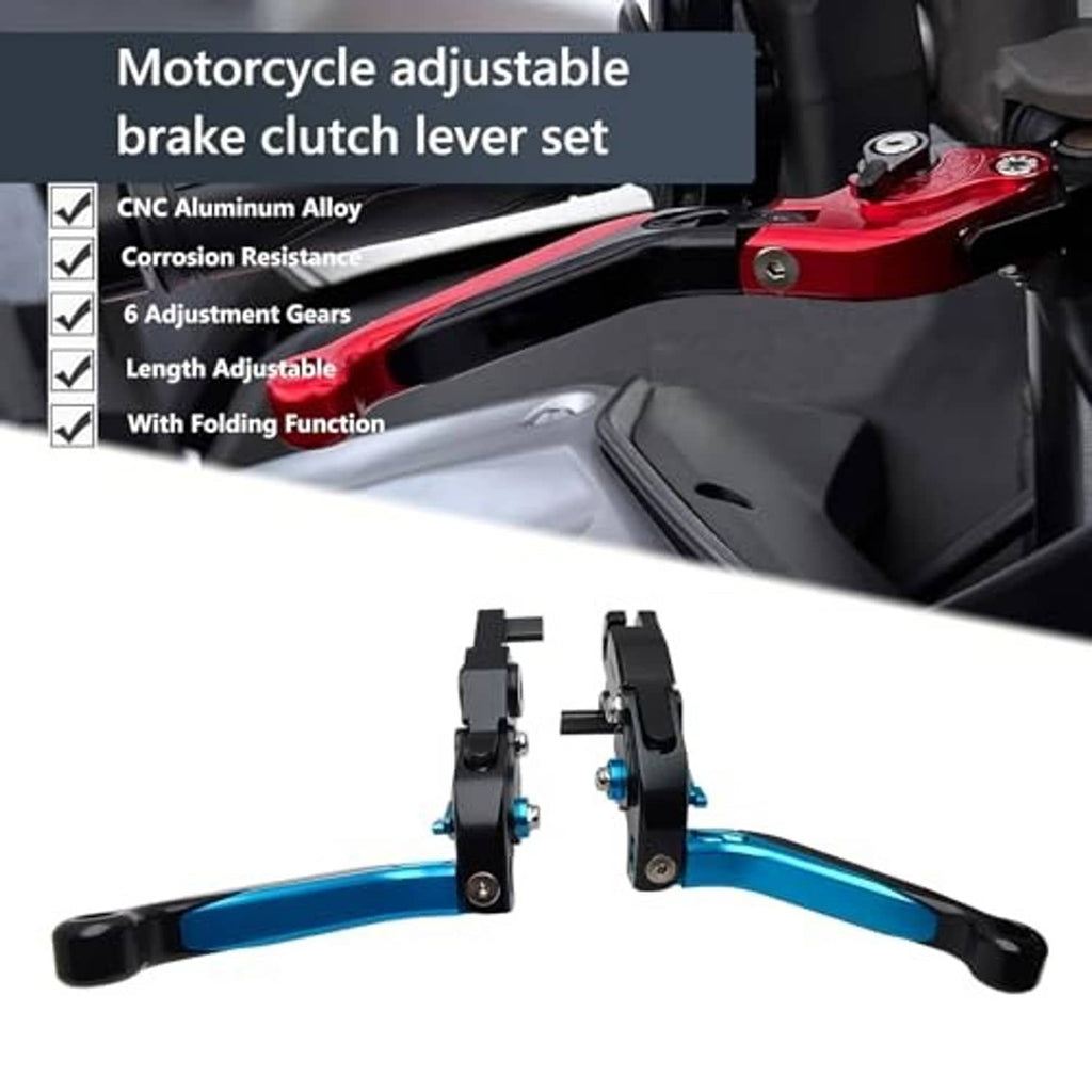 Adjustable motorcycle brake clutch lever set shown installed, black and blue levers