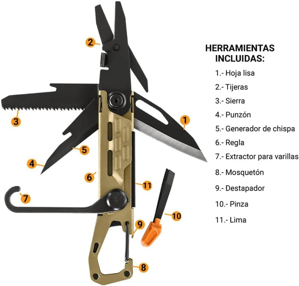 11-in-1 multi-tool with numbered toolheads on tan-and-black frame