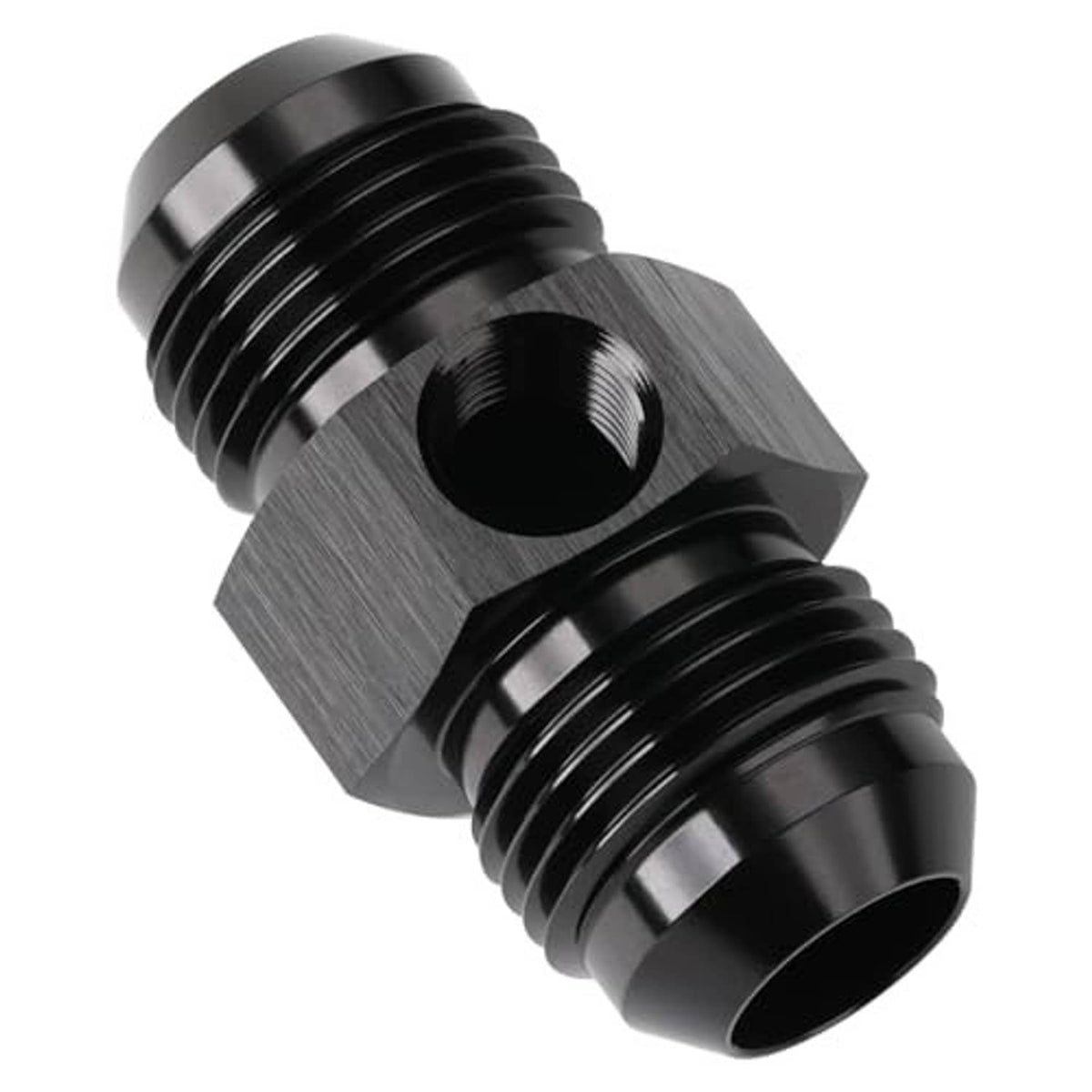 Black 10AN flare fuel adapter fitting, male-to-male, side view
