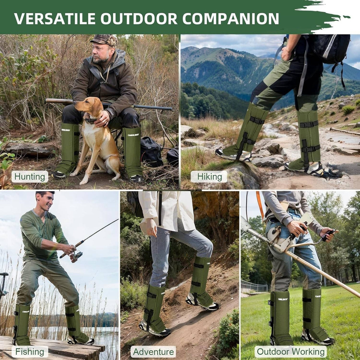 Green snake gaiters worn on hiking boots with side strap and buckle closures
