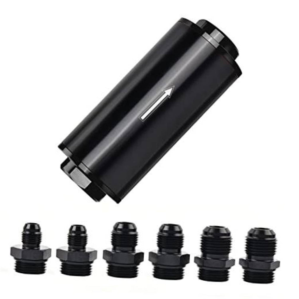 Black inline fuel filter with arrow marking, 50mm aluminum housing, threaded fittings