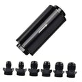 Black inline fuel filter with arrow marking, 50mm aluminum housing, threaded fittings