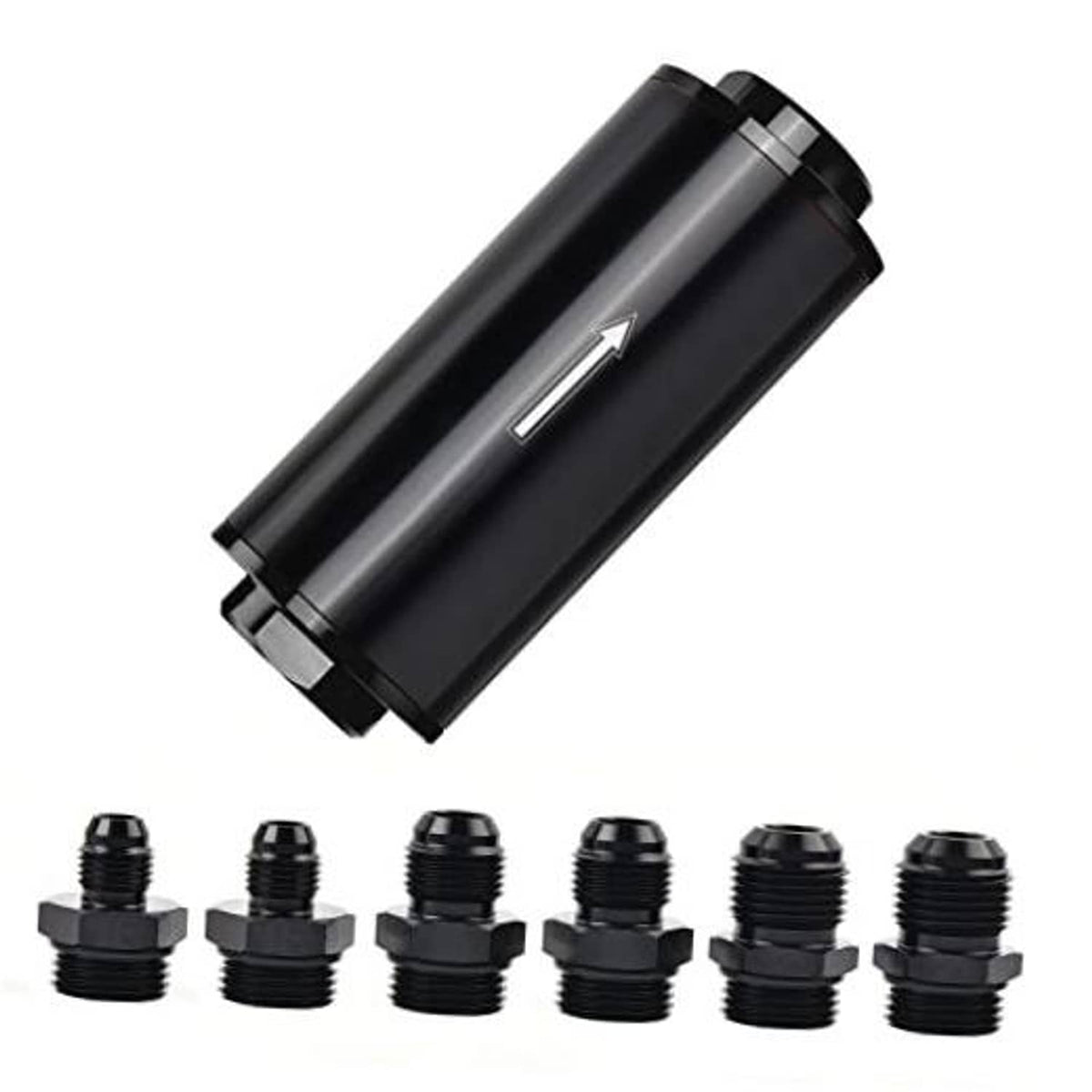 Black inline fuel filter with arrow marking, 50mm aluminum housing, threaded fittings