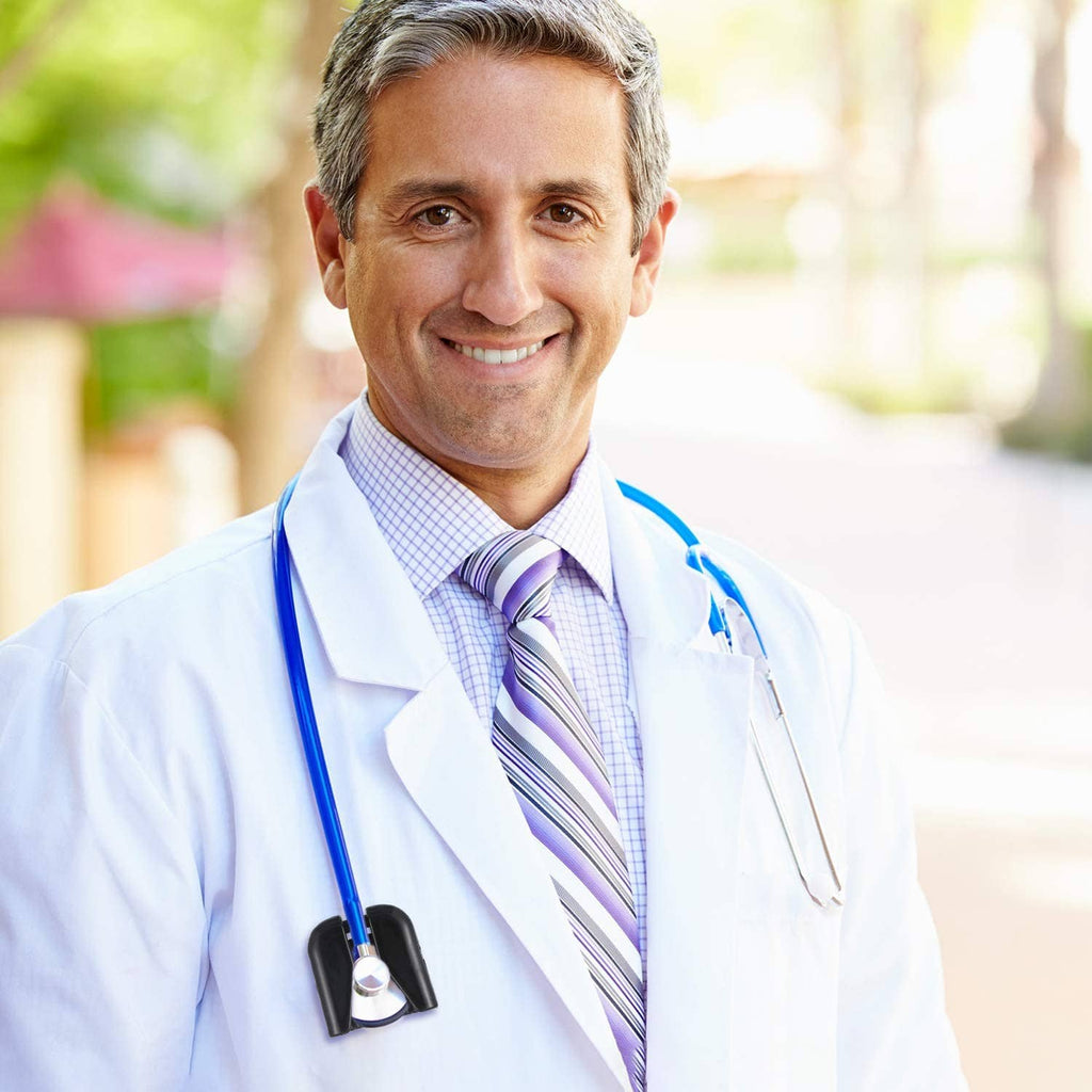Black plastic stethoscope holder clip attached to doctor’s stethoscope