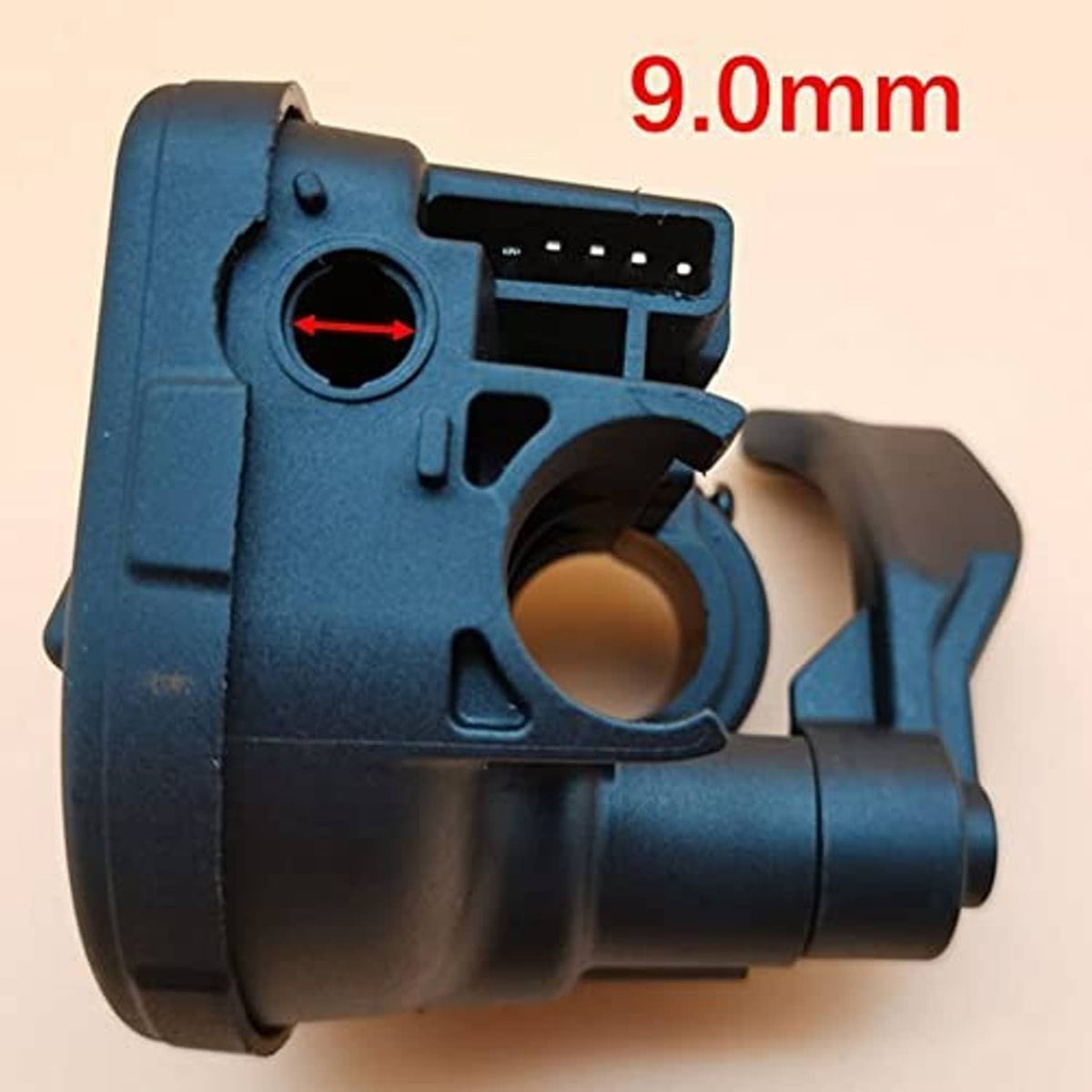 Thumb throttle lever assembly, dark blue body with circular adjustment dial and mounting pins