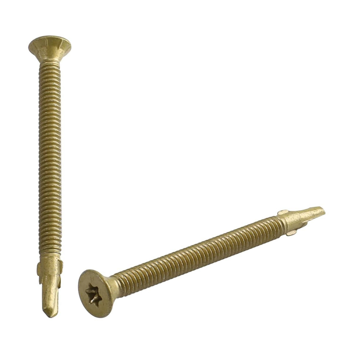 Self-drilling reamer tek screws, two brass-colored screws with star drive heads