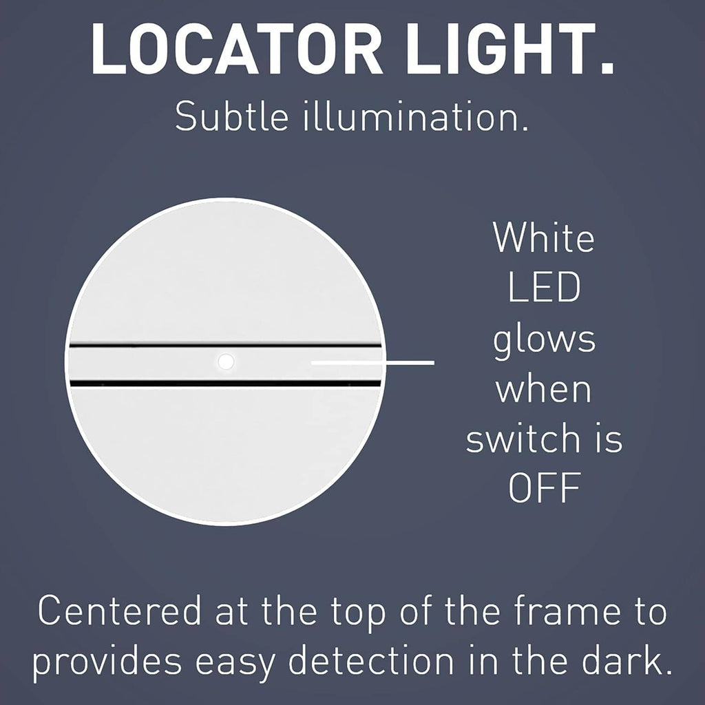 Wall switch with centered white LED locator light for easy visibility in dim rooms