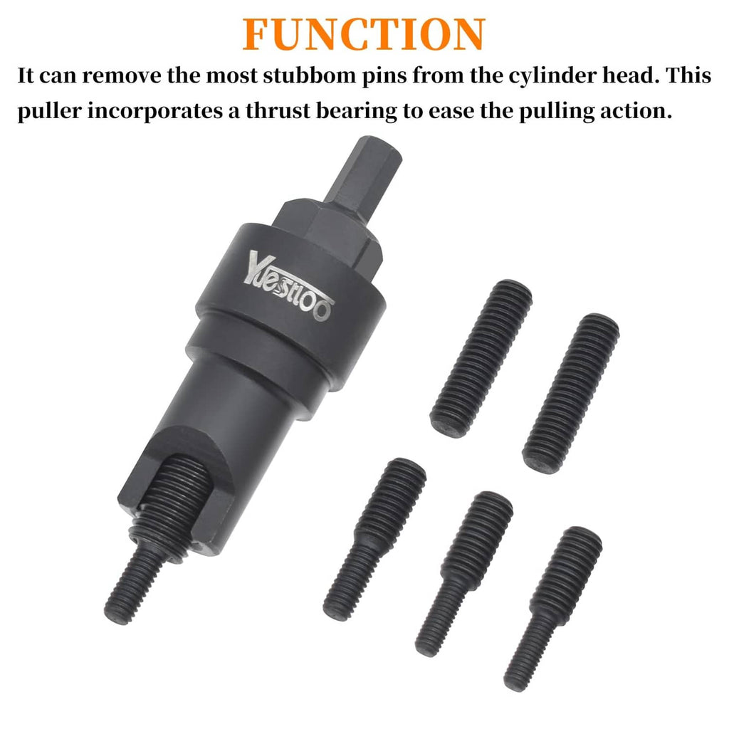 Chain guide rail pin puller tool with threaded puller bolts for cylinder head