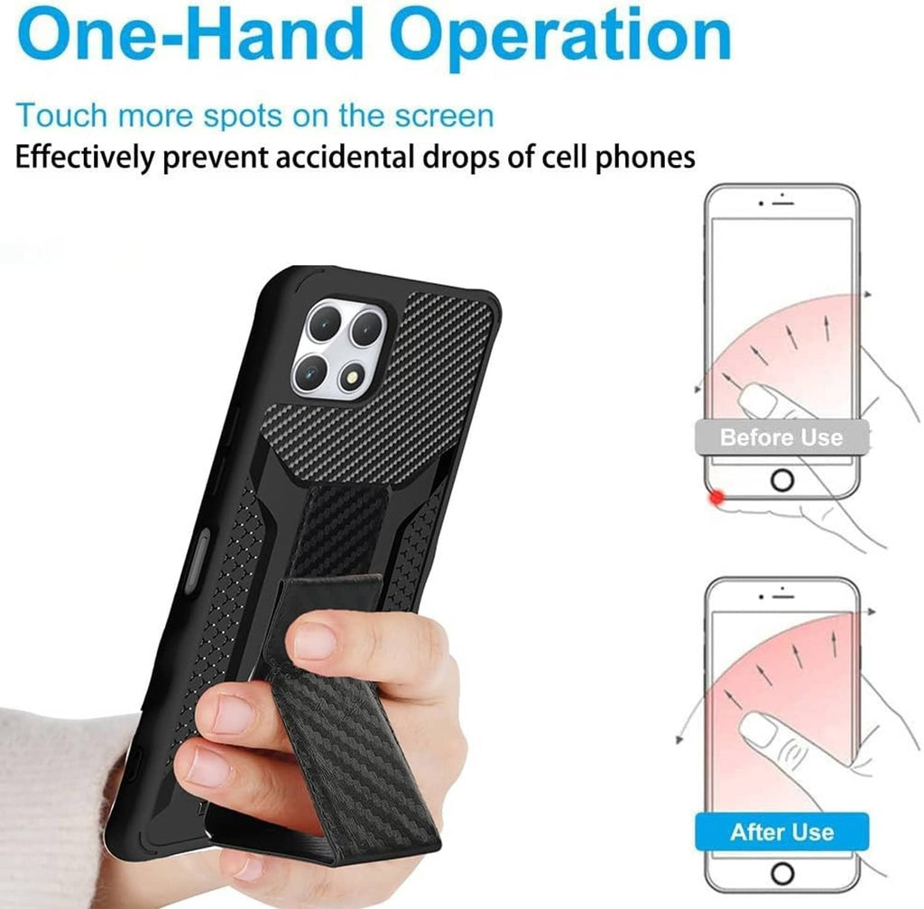 Black carbon-fiber phone case with grippy sides for one-hand hold