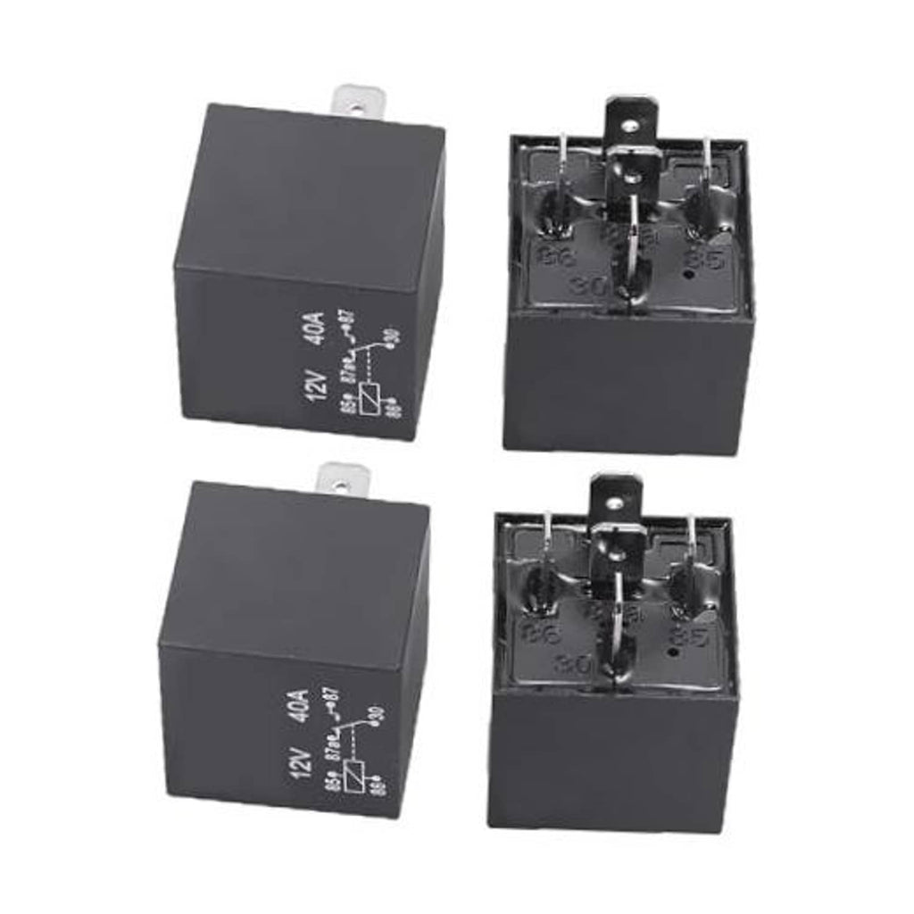 12V waterproof car relay, matte black cube with mounting tab and 5 metal pins