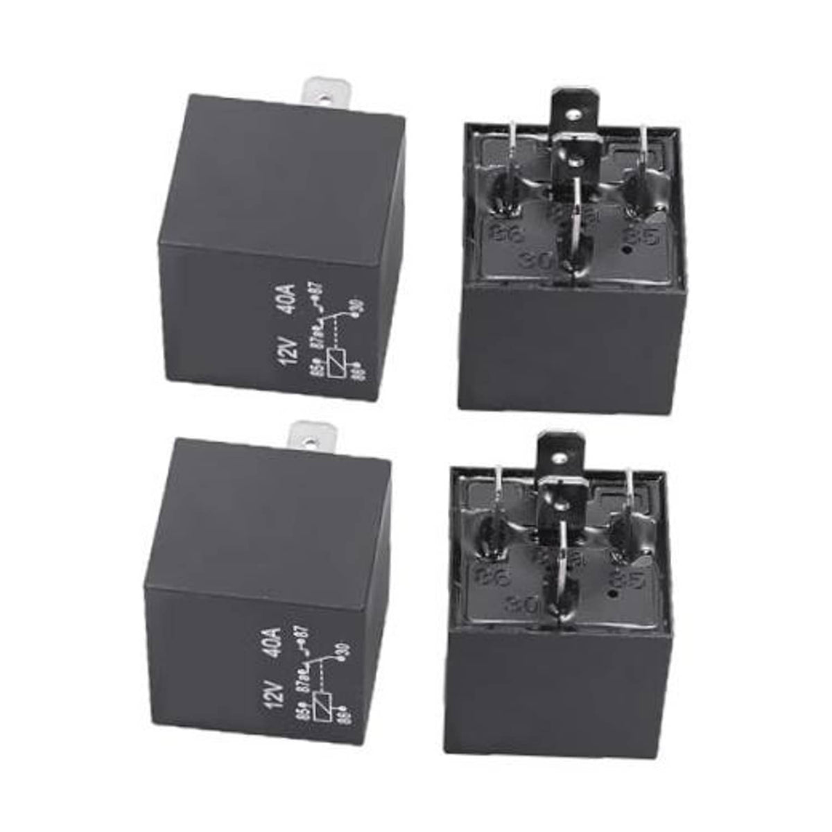 12V waterproof car relay, matte black cube with mounting tab and 5 metal pins