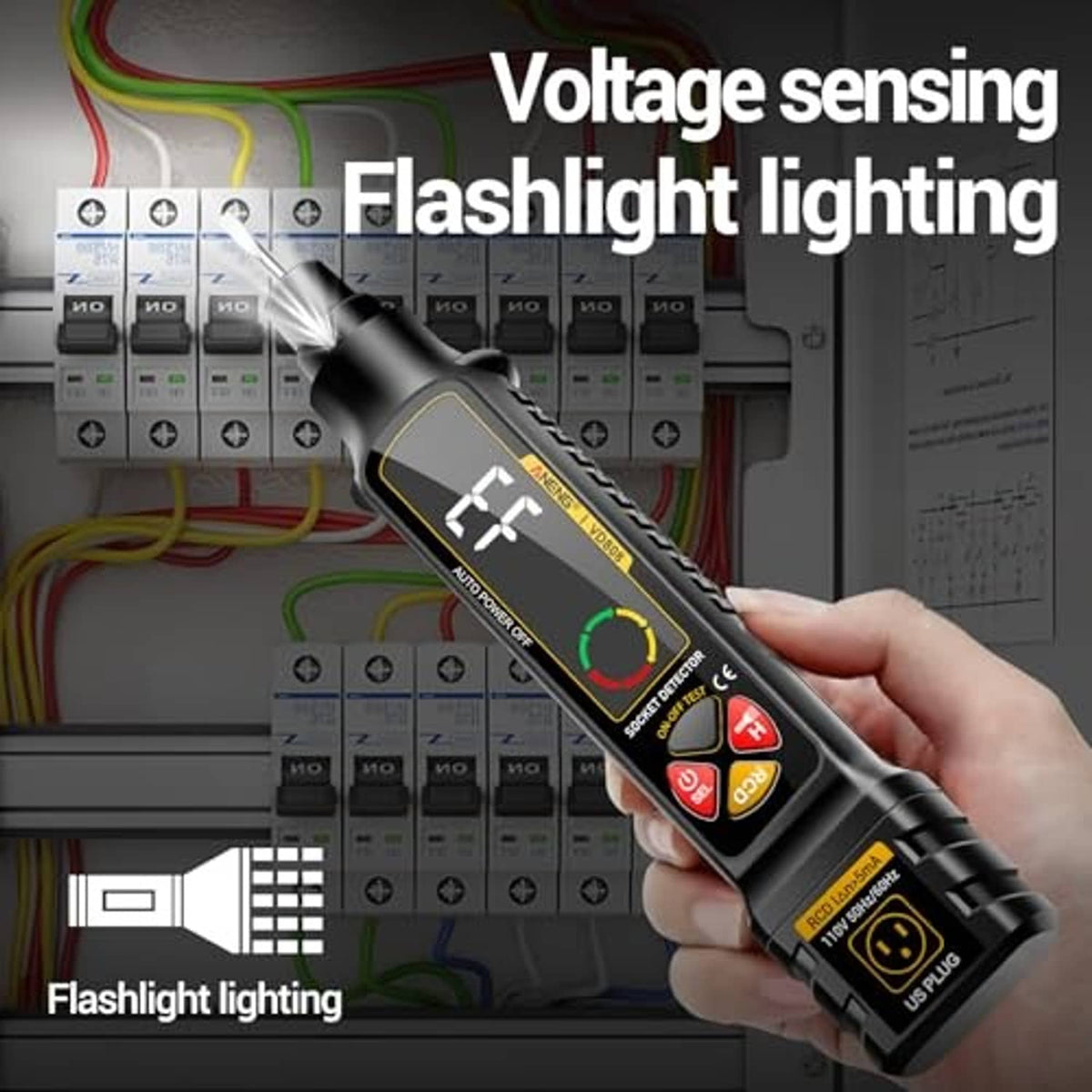 Black non-contact voltage tester handheld with green indicator and lit control icons