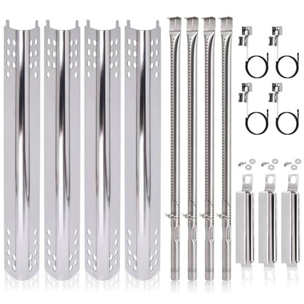 Stainless steel heat plate set with burner ignition hardware for 4-burner gas grill