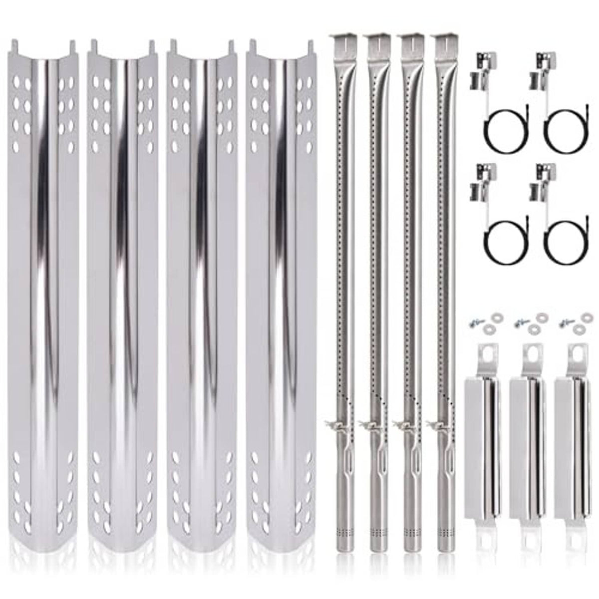 Stainless steel heat plate set with burner ignition hardware for 4-burner gas grill