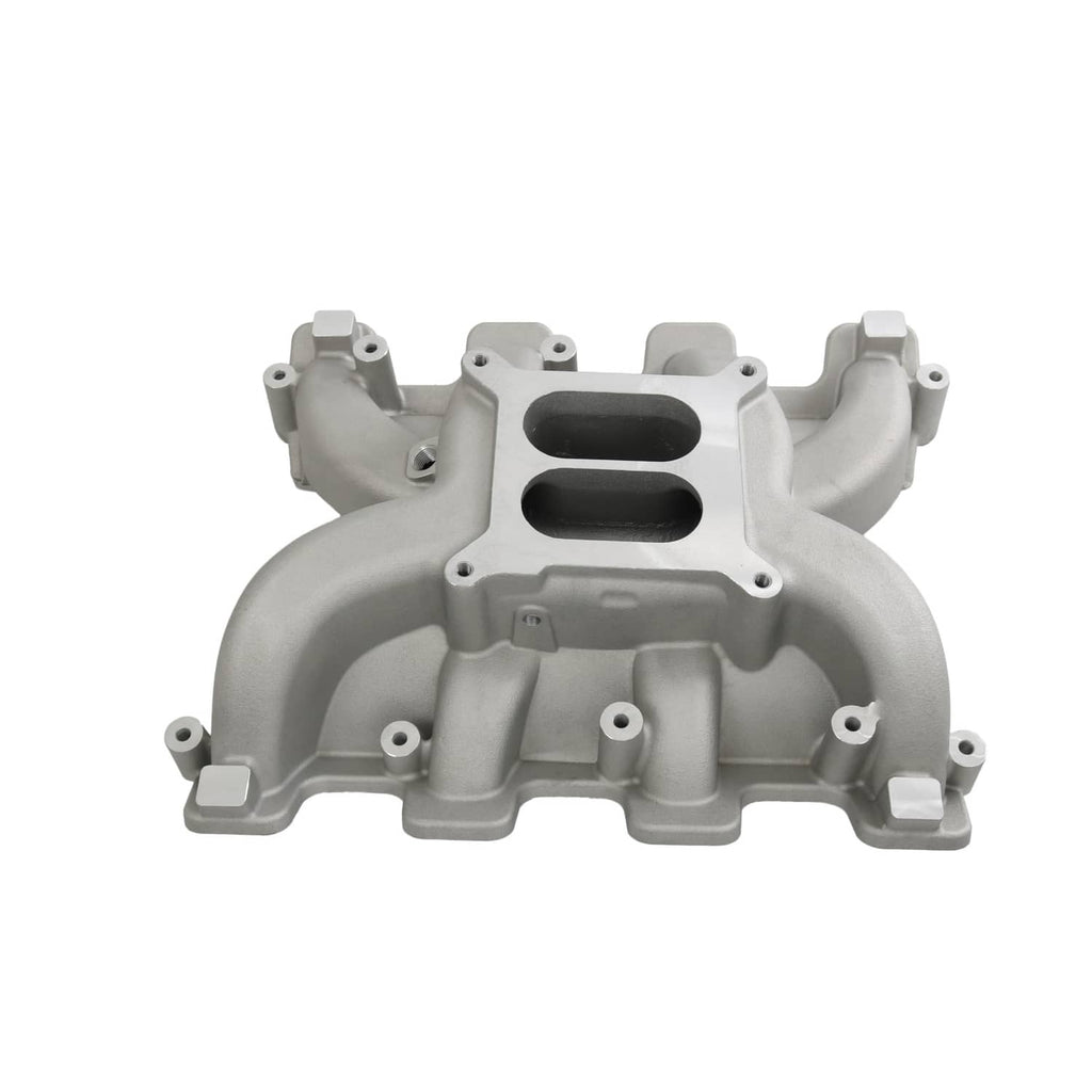 Aluminum dual-port intake manifold with curved runners and bolt holes