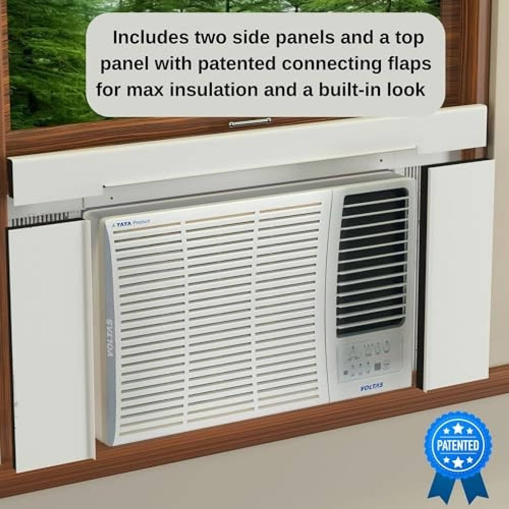 White insulation side panels with vented grid and outer flaps for window air conditioner