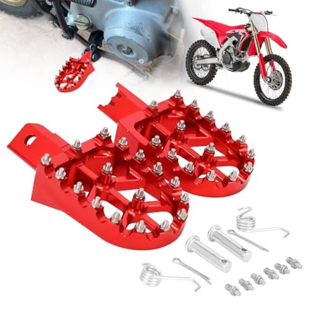 Pair of red CNC motorcycle foot pegs with silver metal teeth and mounting springs