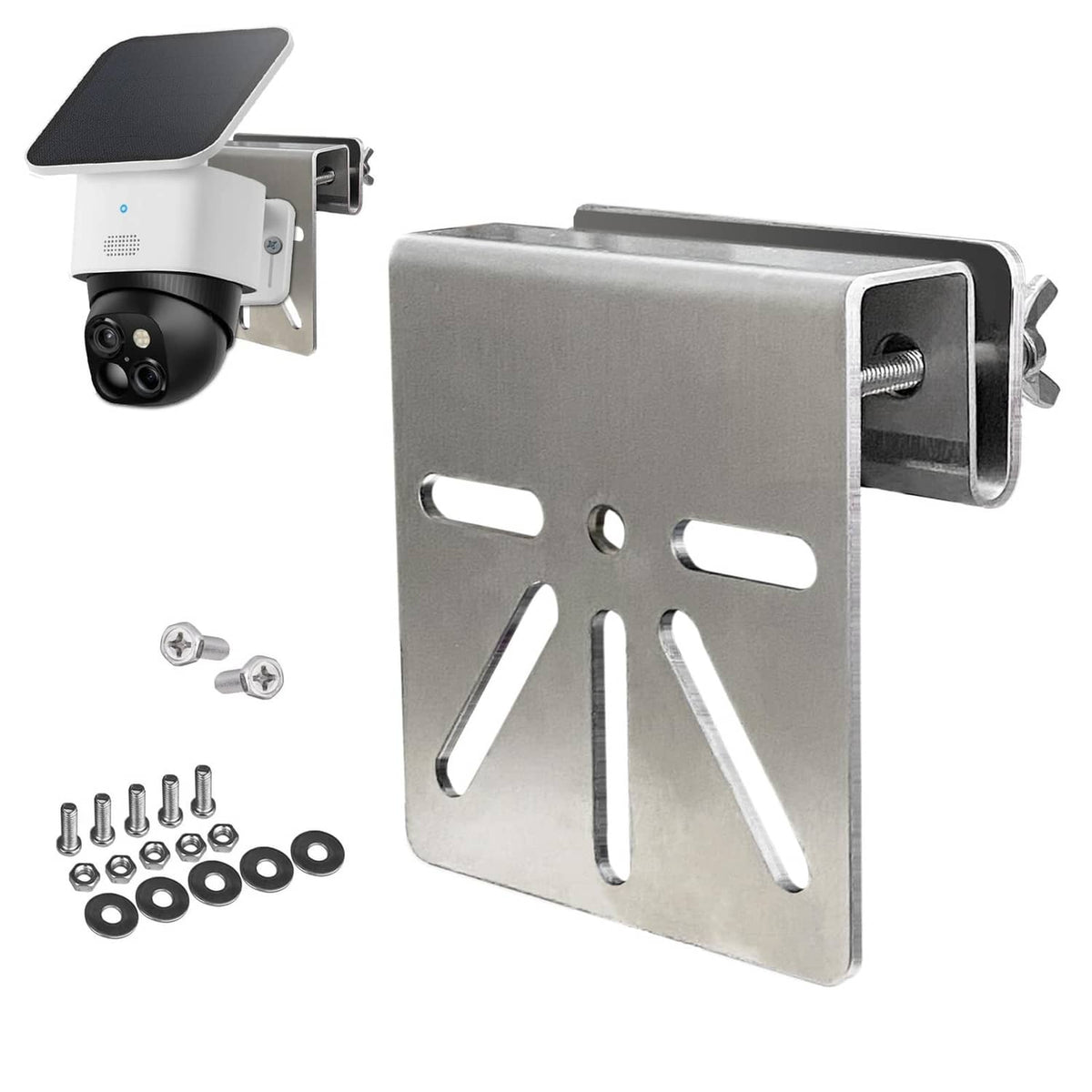 Stainless steel gutter mount bracket with camera screws and washers