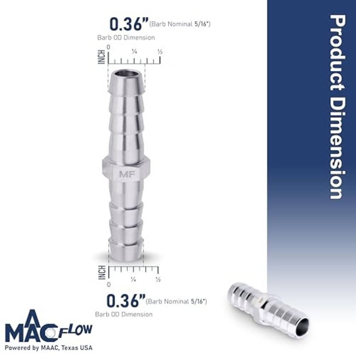 Single stainless steel hose barb fitting with 5/16 in measurement markings