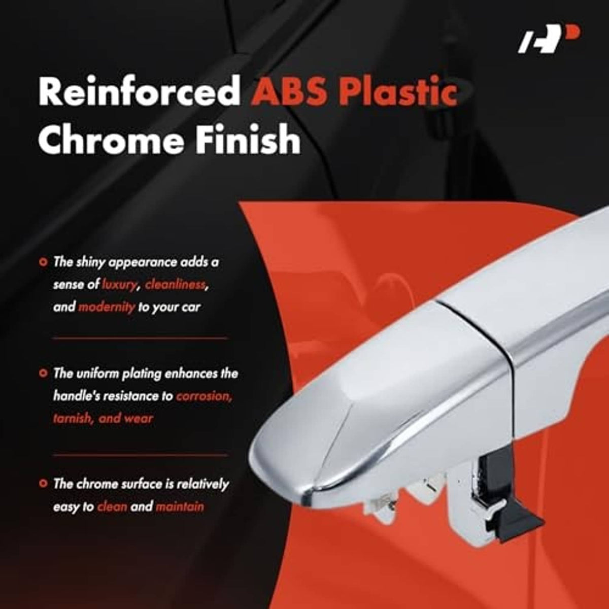 Chrome exterior door handle with silver-gray finish and visible mounting tabs.