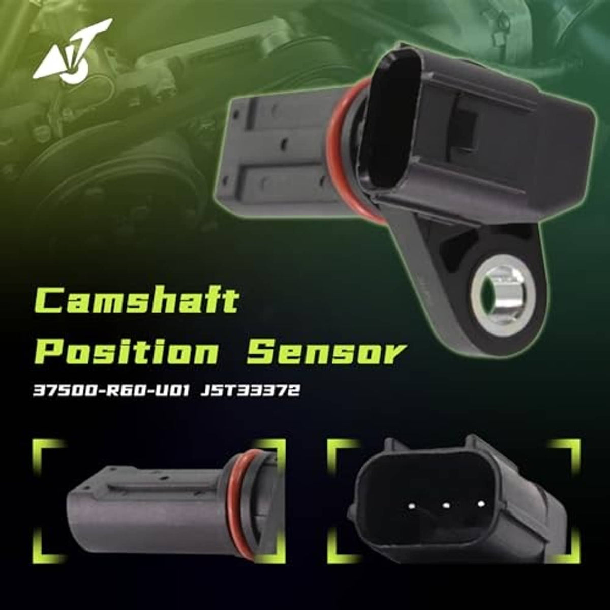 Crankshaft position sensor showing black plug connector and metal mounting plate