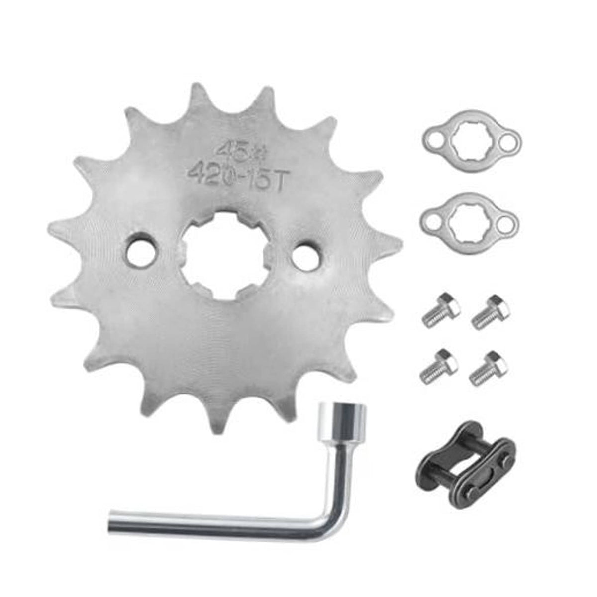420-15T front engine sprocket kit with L wrench, bolts, and mounting gasket
