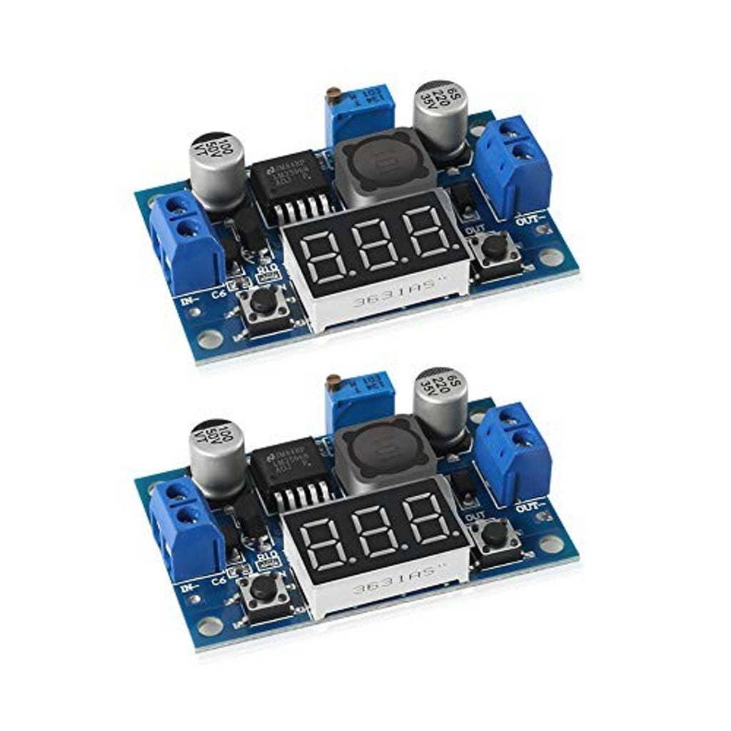 LM2596 adjustable buck converter module shown from a different angle with red 3-digit display