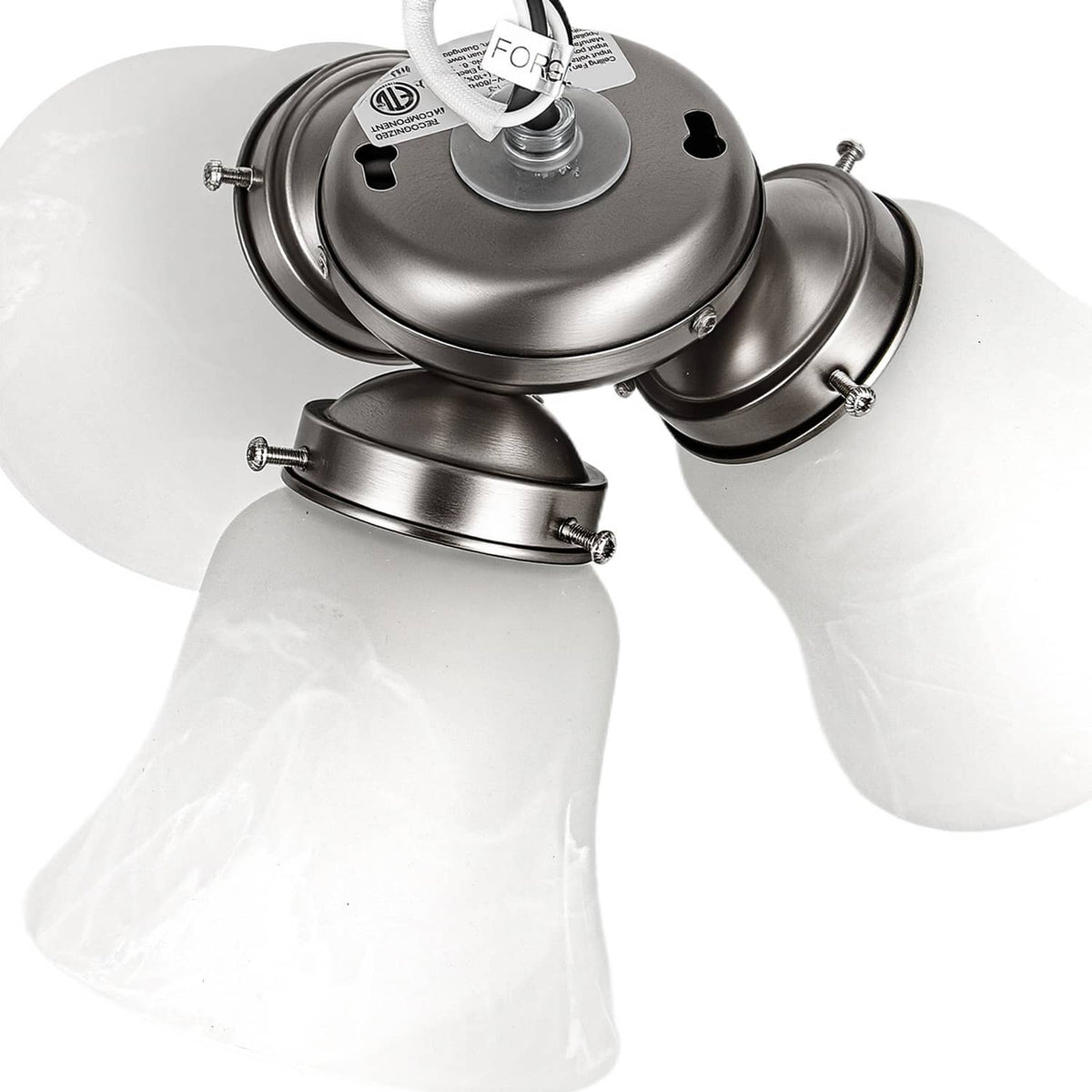 Three-light ceiling fan light kit with brushed metal housing and frosted glass shades
