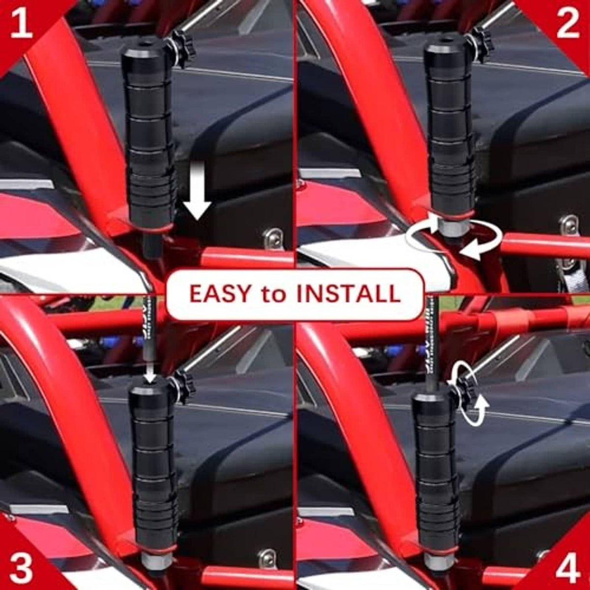 Black flag pole holder mounted to red ATV frame, shown during installation.