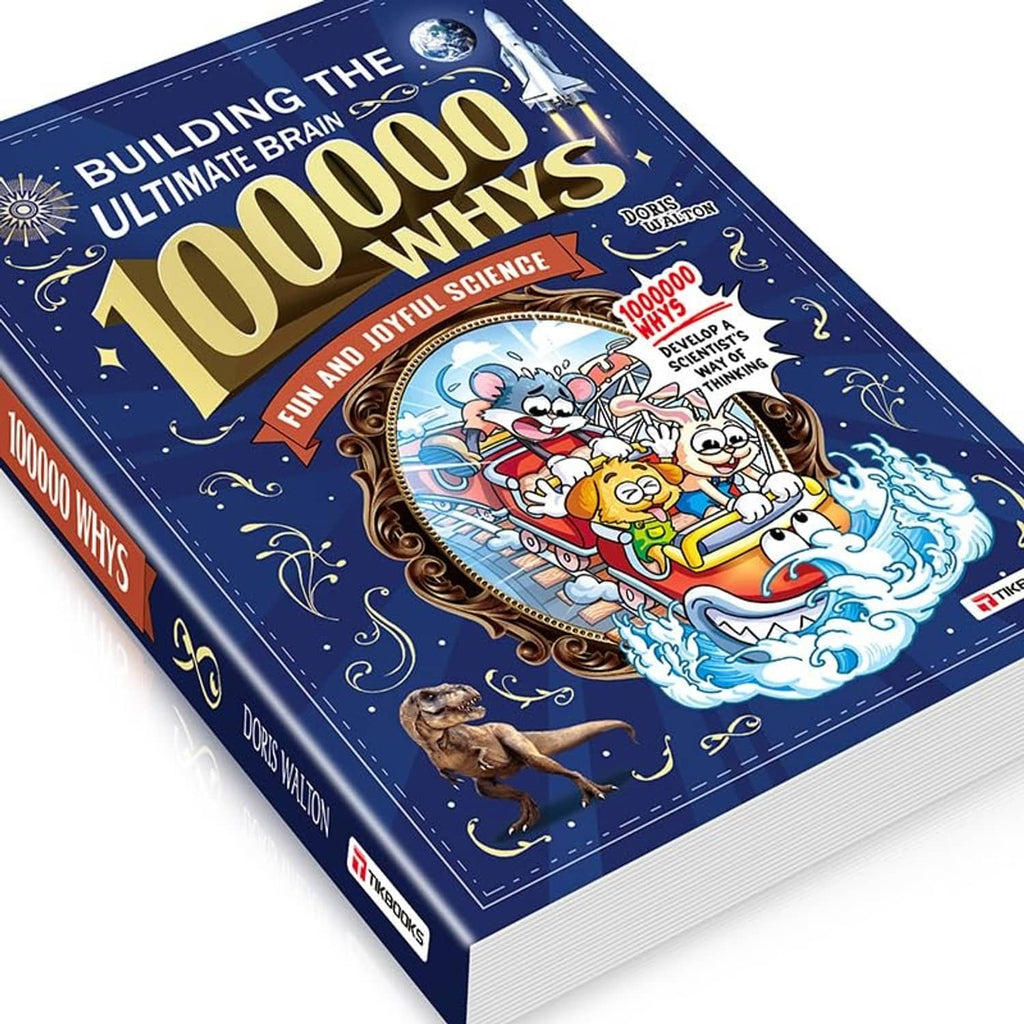 Kids science encyclopedia book angled view, dark blue cover with “100000 Whys” artwork