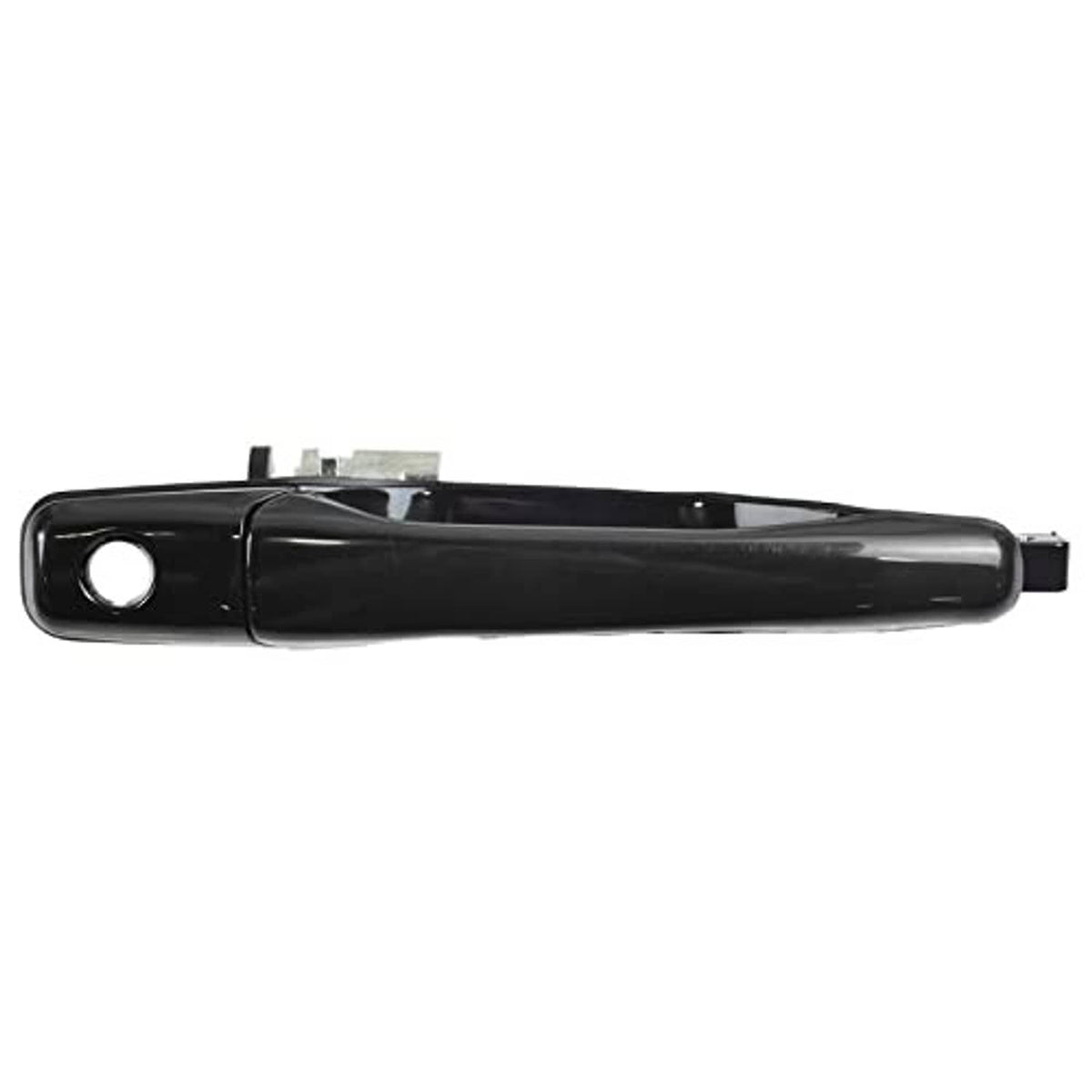 Black front passenger exterior door handle with glossy finish and side mounting tab