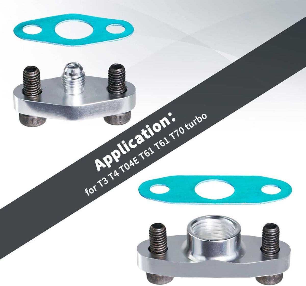 Oil feed line mounting flange kit with teal gaskets and threaded studs for turbo oil feed