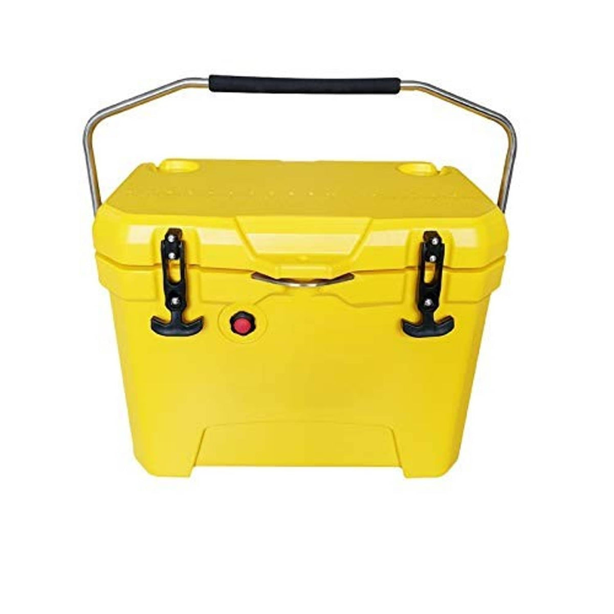 Yellow cooler with black latches and orange release buttons