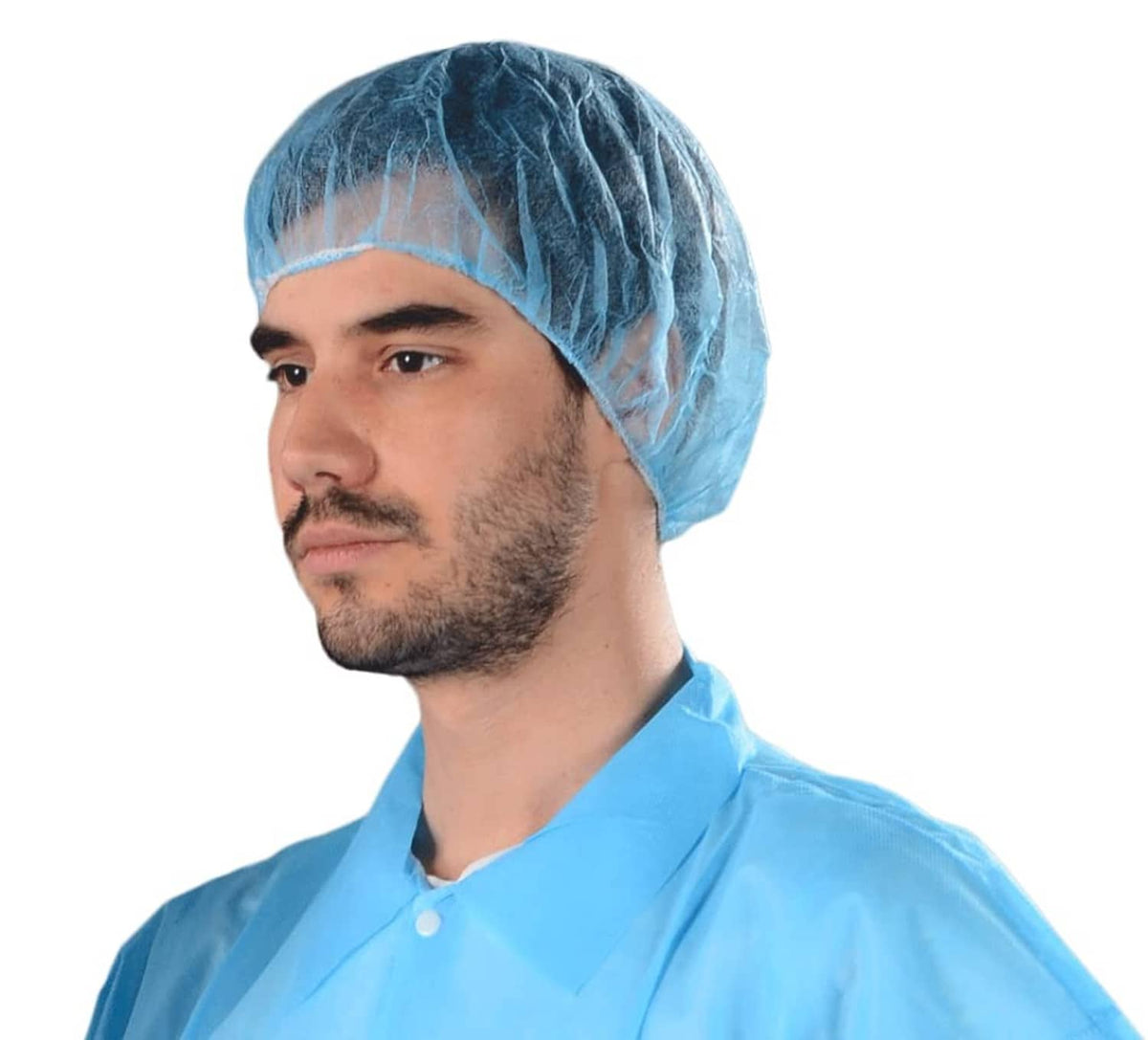Blue disposable bouffant cap with gathered crown and elastic edge for fit