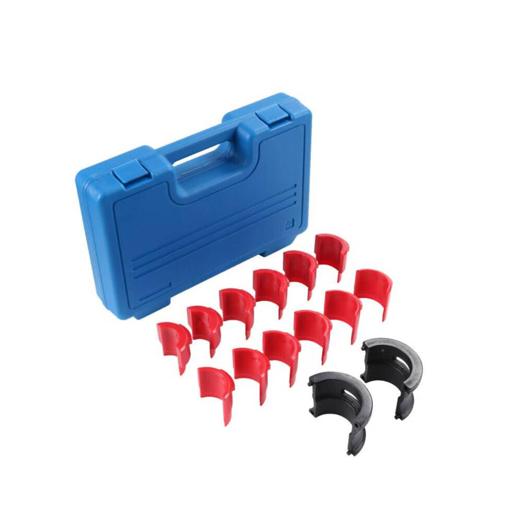 Motorcycle fork seal installer tool kit with blue case, red drivers, and black clips