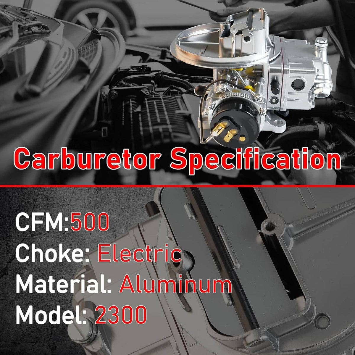 Electric-choke 2BBL carburetor with black choke housing shown in engine bay