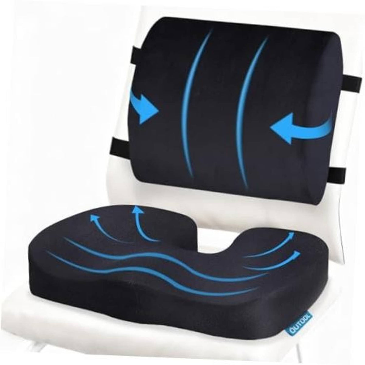 Black seat cushion with contoured lumbar support pillow, blue flow lines