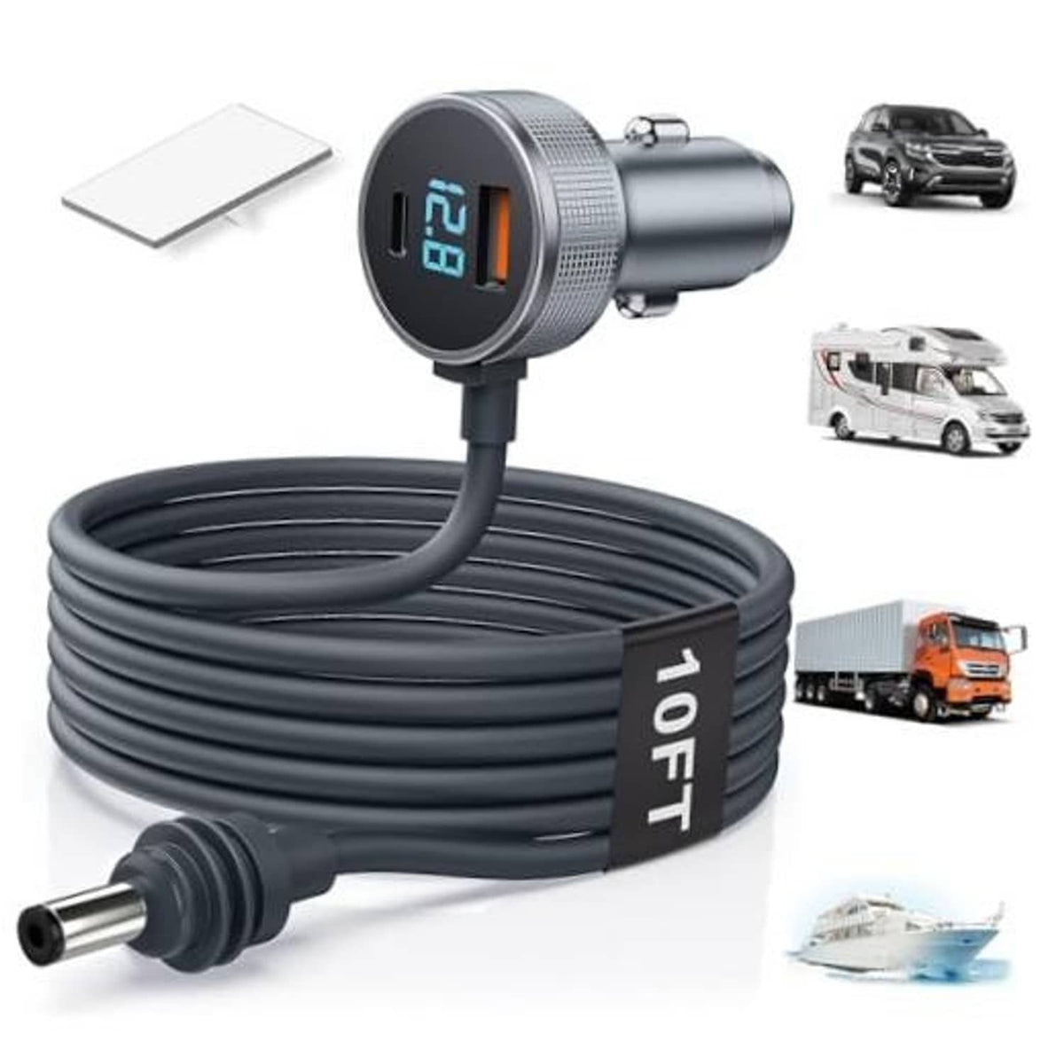 10ft DC car power cable with cigarette lighter plug, dark gray cable and round voltage display