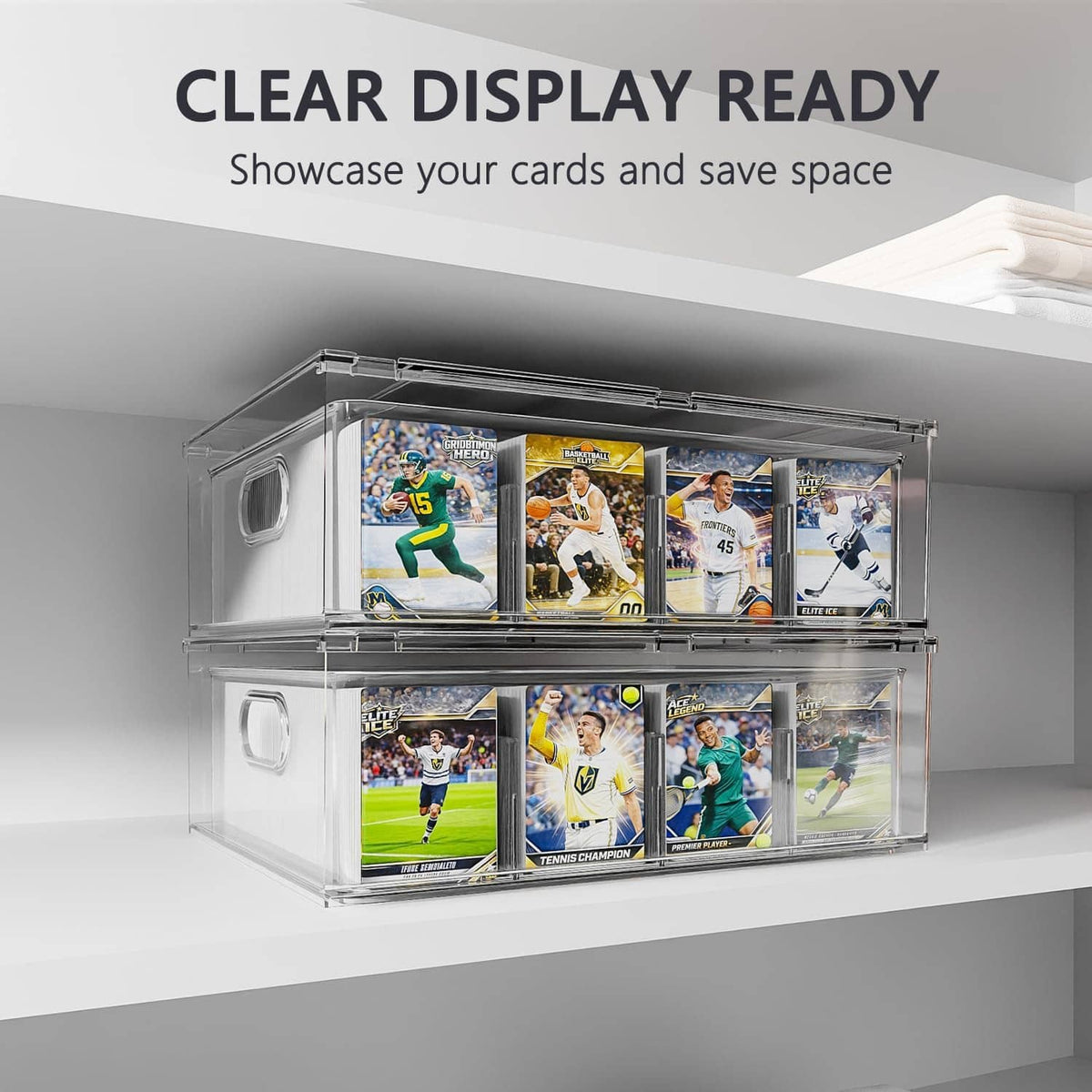 Clear display-ready trading card organizer with two-tier shelves and top cover