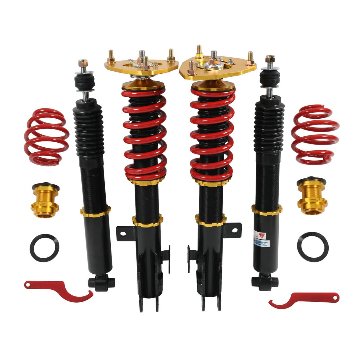 Coilover shock struts kit with red coil springs, black bodies, and gold top plates