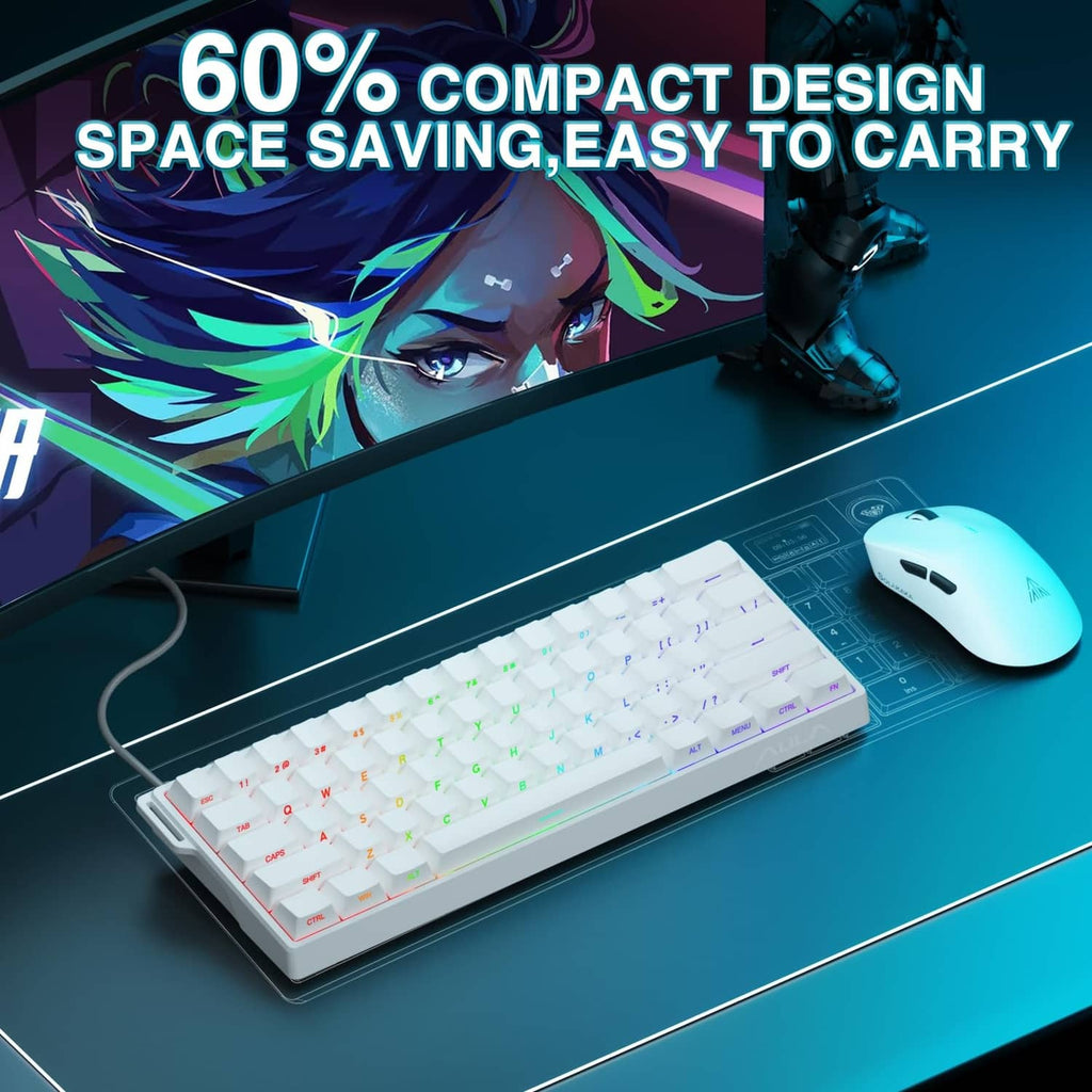 White compact 60% mechanical keyboard with RGB lighting and smooth keycaps