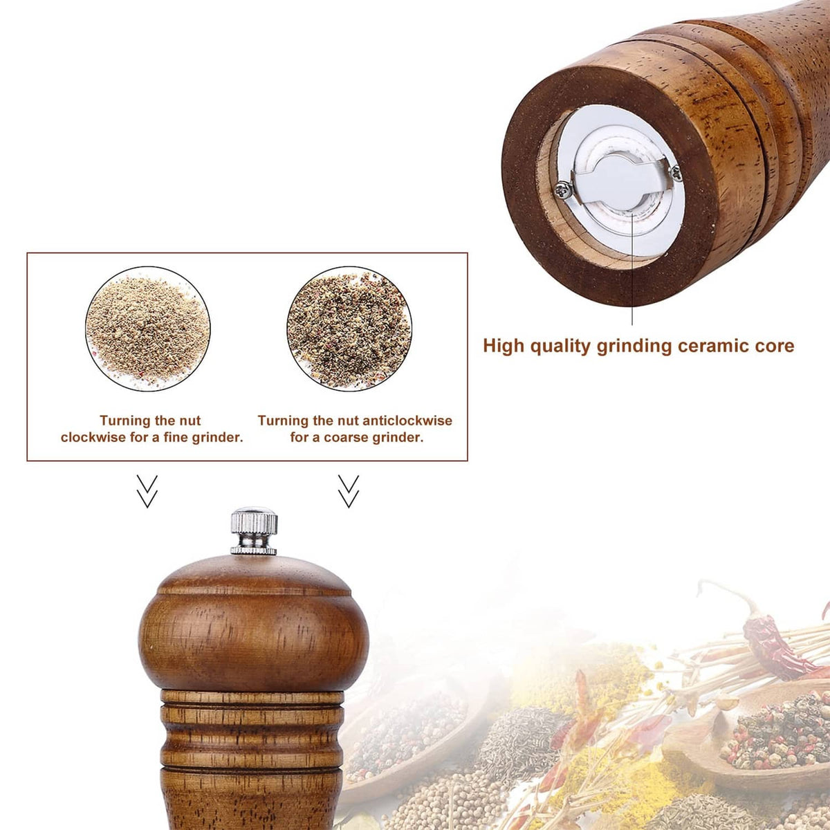 Wood pepper mill with grinding core window, stainless top cap
