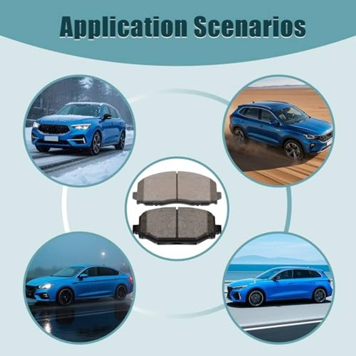 Ceramic brake pads set in circular layout, gray friction and black metal backing
