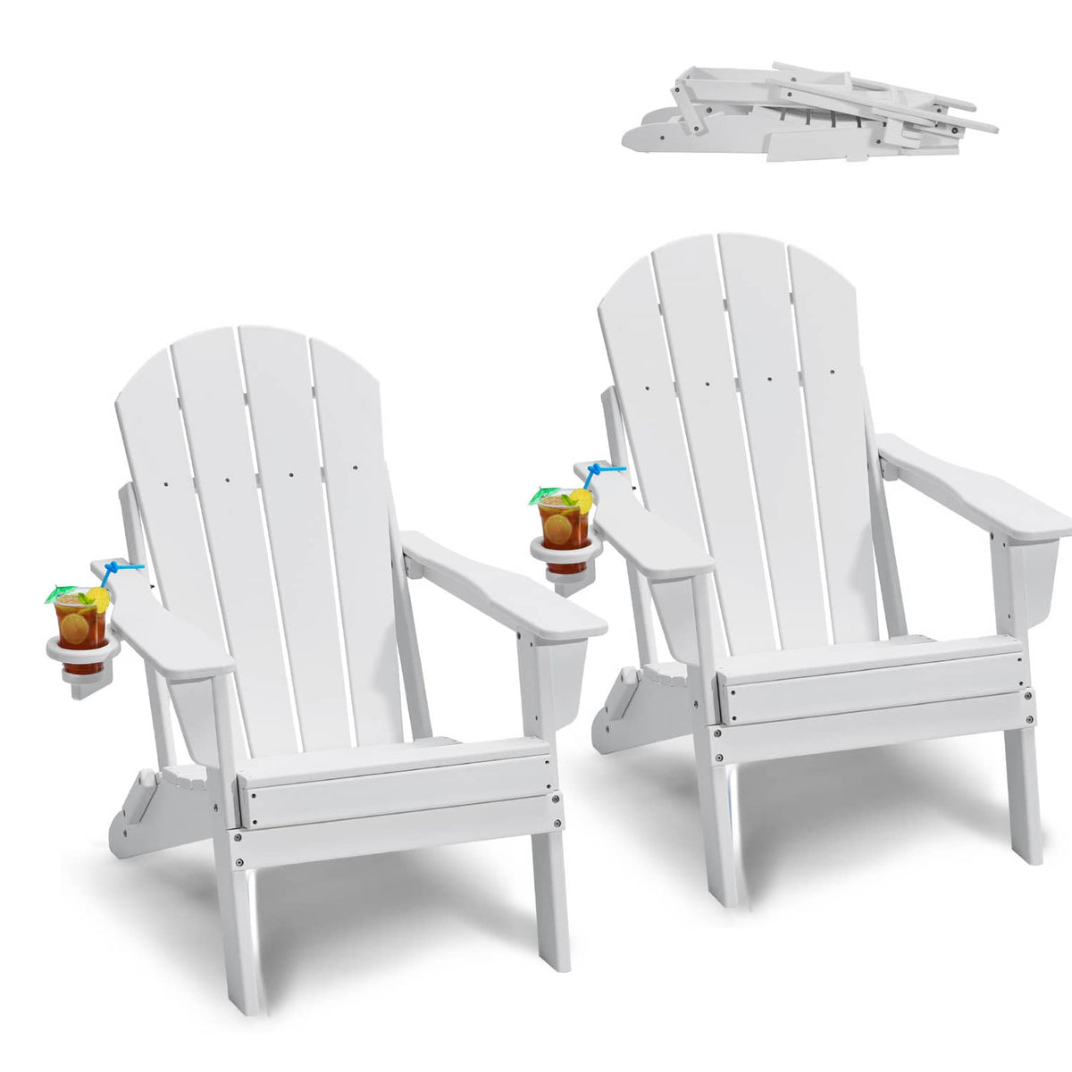 Two white folding Adirondack chairs, slatted back and seat, with side cup holders